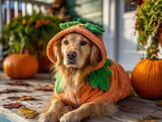 Golden retriever dog in pumpkin costume resting by pumpkins outdoors  