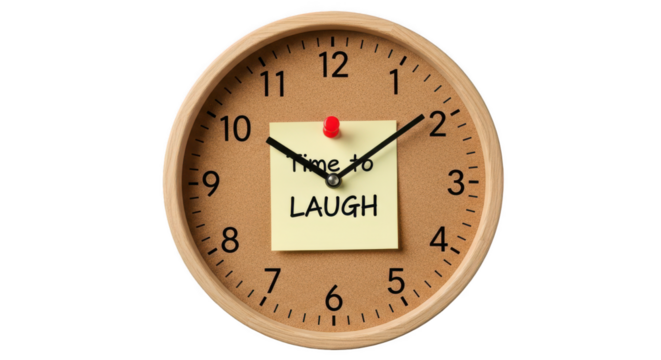 Ai generated image of a clock with a note saying time to laugh isolated on transparent background
