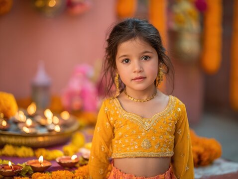 Little girl dressed in colorful chaniya choli near diya lamps altar  