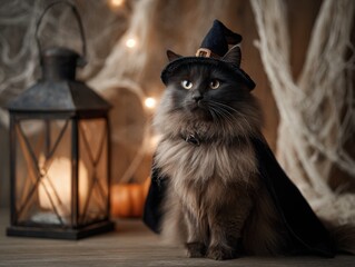 Cat wearing witch hat and cape with lantern in Halloween setting  