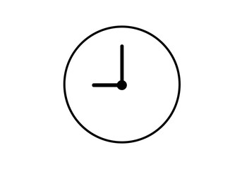 Clock face showing nine o clock with hour and minute hands in simple line drawing on a plain surface