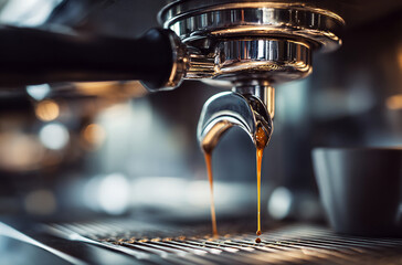 Professional coffee machine extracting coffee with bottomless filter showcasing copy space image.