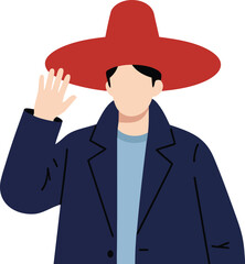 Man Wearing Large Red Sombrero Hat and Dark Blue Coat Vector Illustration with Casual Style and Waving Gesture