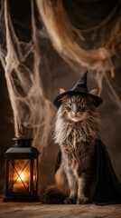 Grey cat wearing witch hat and cape near lantern with cobwebs  