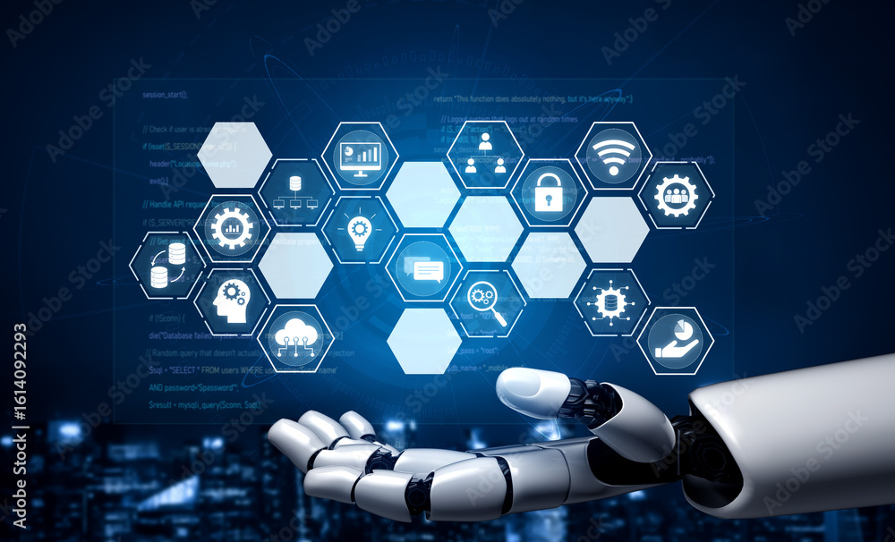 Poster ai managing integrated business system, analyzing data, securing digital infrastructure, connecting 