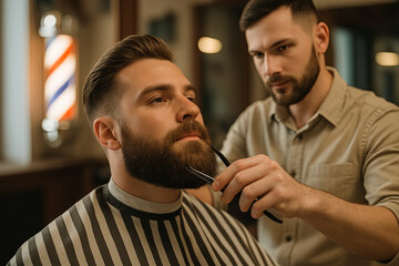 Focused barber shapes a client’s beard using a straight razor, with striped cape and iconic barbershop pole completing the timeless grooming scene