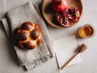 Traditional challah bread with pomegranate and honey on table  