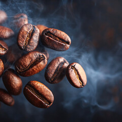 Freshly roasted coffee beans. Coffee aroma, Smoke, dark background.