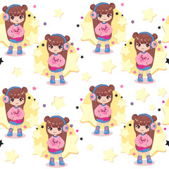 Beautiful little cartoon girl in headphones and stars on a white background seamless pattern. Anime style, dark hair and big eyes. Summer concept. Modern trend for kids, t-shirt design print