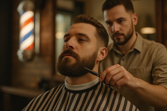 Close-up of a barber perfecting a beard trim with precision, inside a warm vintage-inspired barbershop with a classic pole glowing in the background