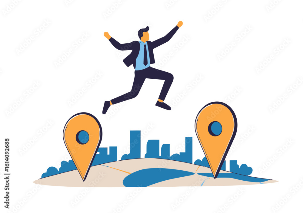Poster businessman jumping between two large location pins on a stylized urban map symbolizing office reloc