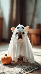 Small dog (French Bulldog) in ghost costume sitting indoors with pumpkin  