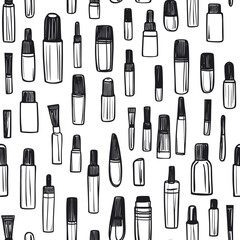 Obraz premium Seamless pattern of hand drawn black and white cosmetic bottles and makeup containers in minimalist vector style for beauty product backgrounds and wallpaper design