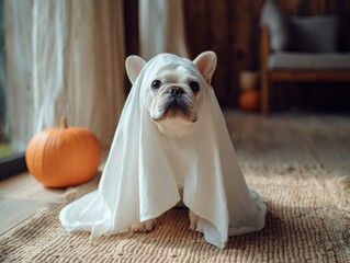 French bulldog wearing a ghost costume by pumpkin in autumn decor  