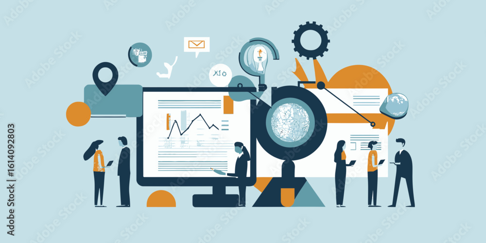 Aufkleber business team working with data analysis charts and digital technology in modern office environment 