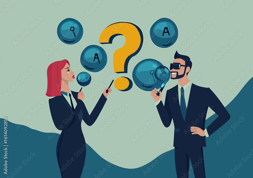 Poster businessman and businesswoman blowing question and answer bubbles with a large question mark symboli