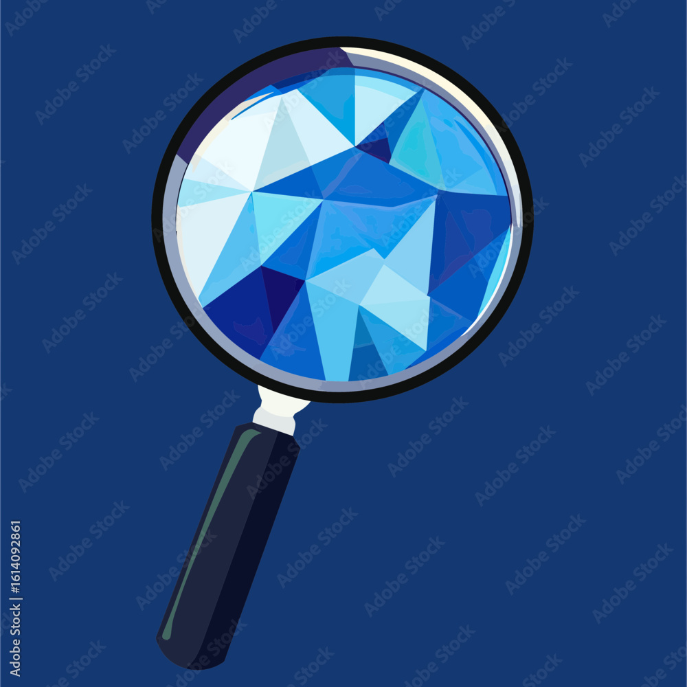Poster magnifying glass zooming on blue low poly geometric crystal pattern with flat minimalist vector styl