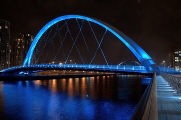 Fototapeta premium A modern city bridge illuminated with vibrant blue lights at night 