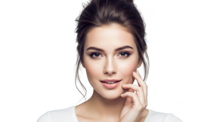 Portrait of a woman with hand on cheek, isolated on transparent background