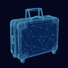 Blue wireframe digital suitcase with network mesh connections and wheels travel concept technology illustration