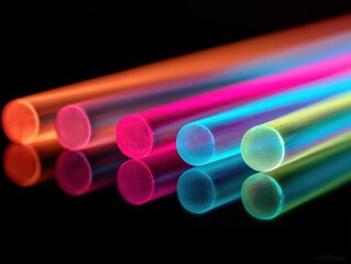 Colorful illuminated plastic straws on dark reflective background  
