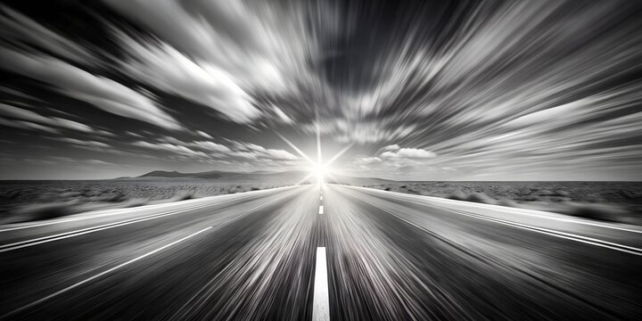 Fototapeta A black and white image captures a long, straight highway stretching towards a bright sun, with blurred clouds and a sense of rapid motion