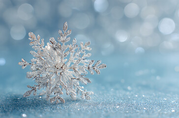 Selective focus on a blue background with white highlights frames a delicate silver snowflake, perfect for a greeting card banner with plenty of image copy space.