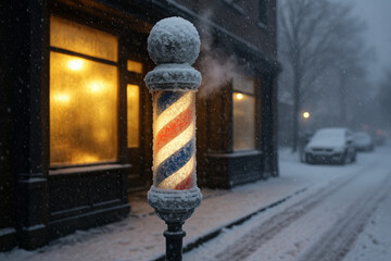 A glowing vintage barbershop pole covered in frost on a quiet snowy evening street, with warm yellow window light illuminating the foggy winter atmosphere