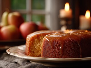 Apple cake with caramel glaze on plate beside fresh apples  