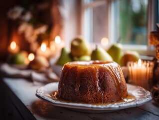 Caramel cake dessert placed on white plate by window with pears  