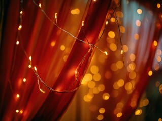 Close-up of fairy lights woven through marigold strings and red silk drapes  