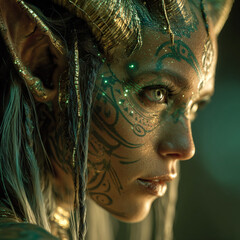 Starlight shining elf with glowing green-gold horns, her elaborate tattoos on her face resembling constellations, glowing light on her face.