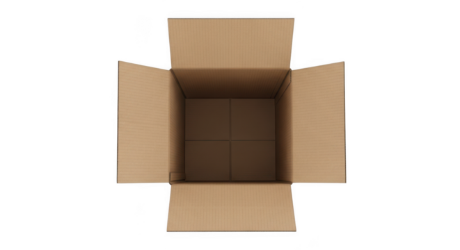 Open cardboard box, top view, isolated on transparent background