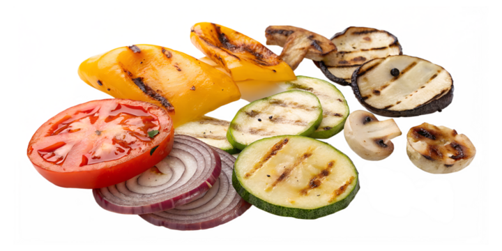 An isolated transparent PNG image shows a vibrant assortment of freshly grilled vegetables like zucchini, bell peppers, eggplant, tomatoes, onions, and mushrooms.
