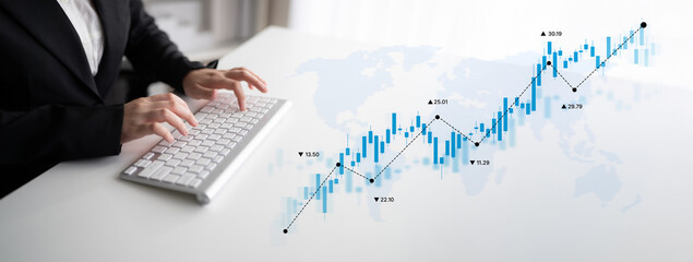 Stock market analysis with candlestick chart and price movement trend line, highlighting global...