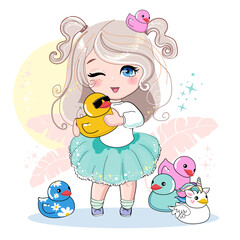 Beautiful summer little girl with cute colorful rubber ducks. Cartoon vector illustration for kids