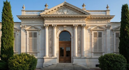 Obraz premium Ornate Facade of a Classical Building with Intricate Carvings and Wooden Doors