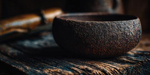 Rustic Stone Bowl on Weathered Wood Surface A Study in Texture and Light Capturing the Essence of Simplicity