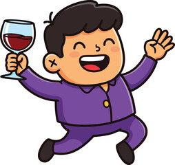 Obraz premium Happy man celebrating with red wine glass in purple outfit jumping joyfully vector illustration 