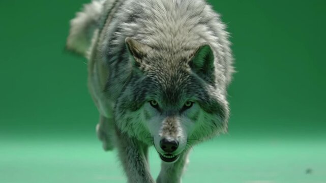 A gray wolf running towards the camera with a green screen background in a studio setting green screen animal video