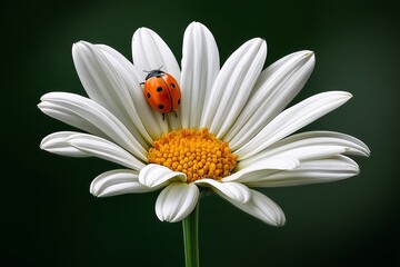 A ladybug resting on a white daisy with vibrant yellow center. Nature's harmony and beauty close up concept.