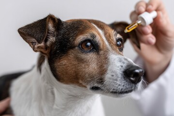 A pet owner woman gives ear drops to a cute jack russell terrier dog. Animal care and treatment concept. Veterinary medicine.