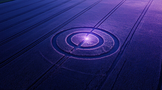 UFO crop circle aerial at dusk, glowing symbols in wheat field, soft purple light, mysterious aura