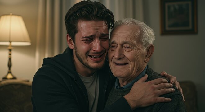 Touching heartfelt moment: Young man cries embracing elderly father with unconditional love