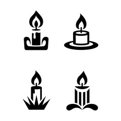 Four black silhouette icons of burning candles on white background fire flame