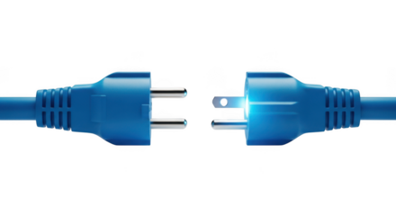Blue electrical plug disconnected, isolated on transparent background