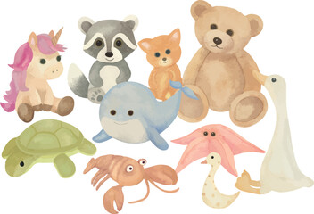 Vector illustrations of plush toys: unicorn, cat, bear, raccoon, goose, duck, crab, sea turtle, and starfish. Great for baby shower cards, nursery decorations, kids’ invitations, and print designs.