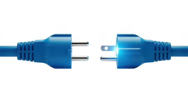 Blue electrical plug disconnected, isolated on transparent background