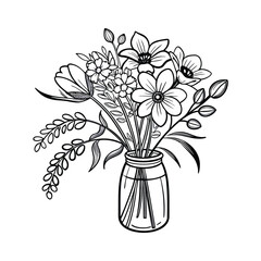 Minimalist line art bouquet in a mason jar on a clean white background