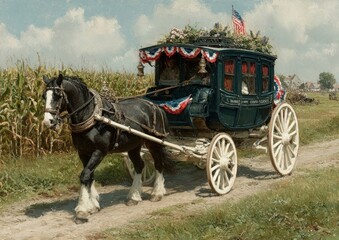 A traditional horse-drawn cart decorated with patriotic ribbons, traveling through a rural landscape